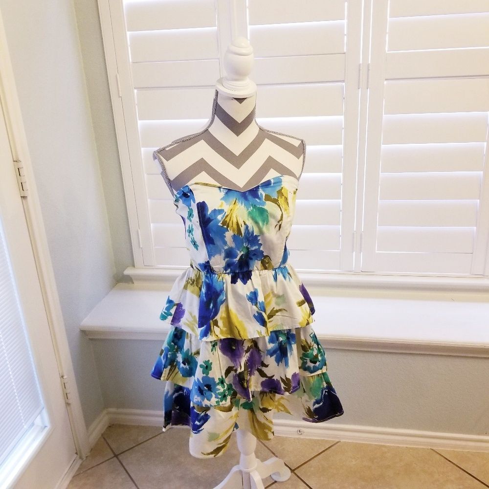 Anthropologie Floral Strapless Mini Dress - Blue, Green, Yellow